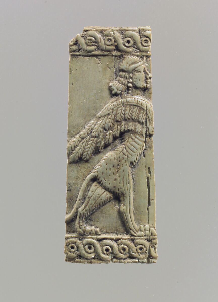 Pyxis fragment with a winged, human-headed lion, Ivory, Iran 