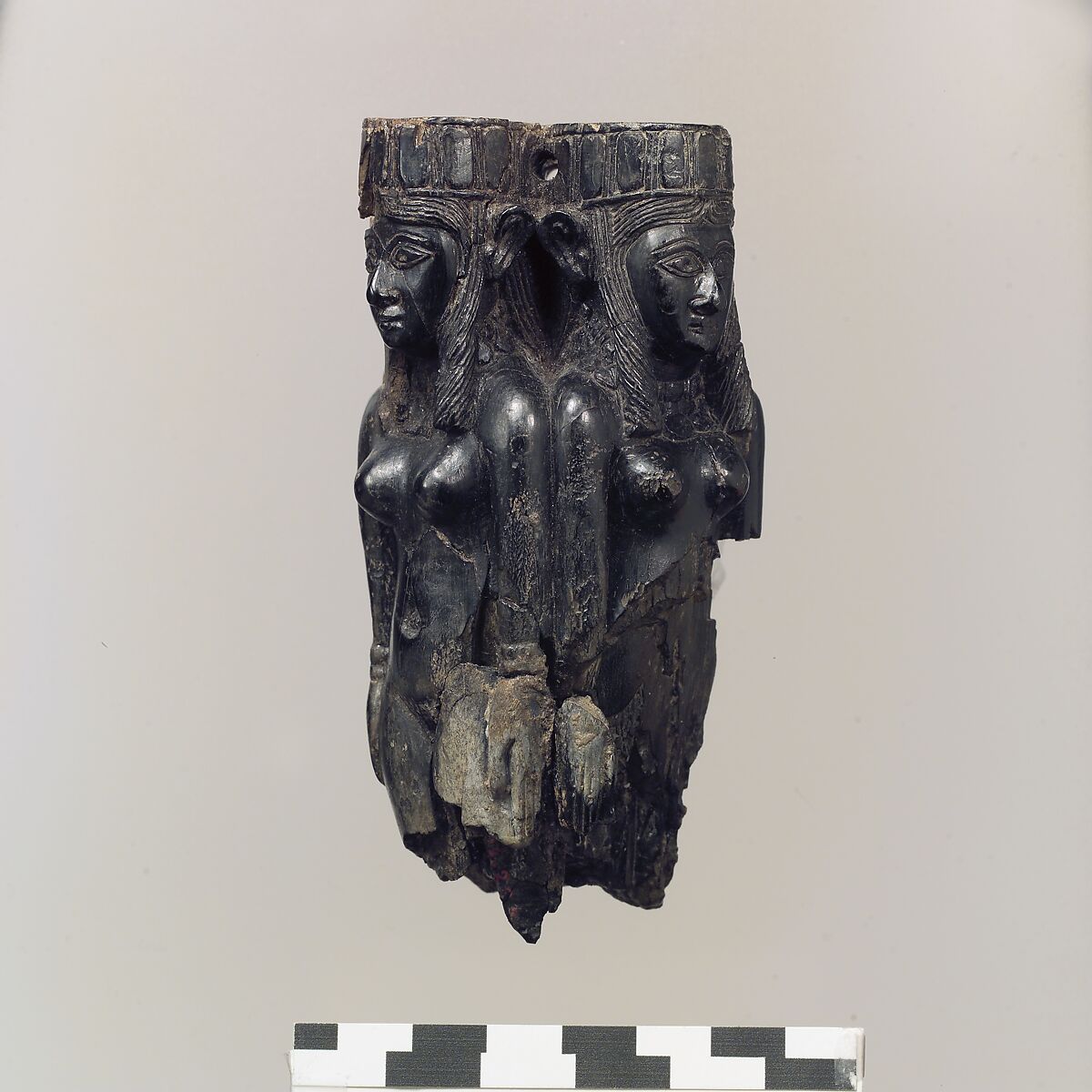 Fan or fly-whisk handle in the form of four female figures, Ivory, gold leaf, Assyrian