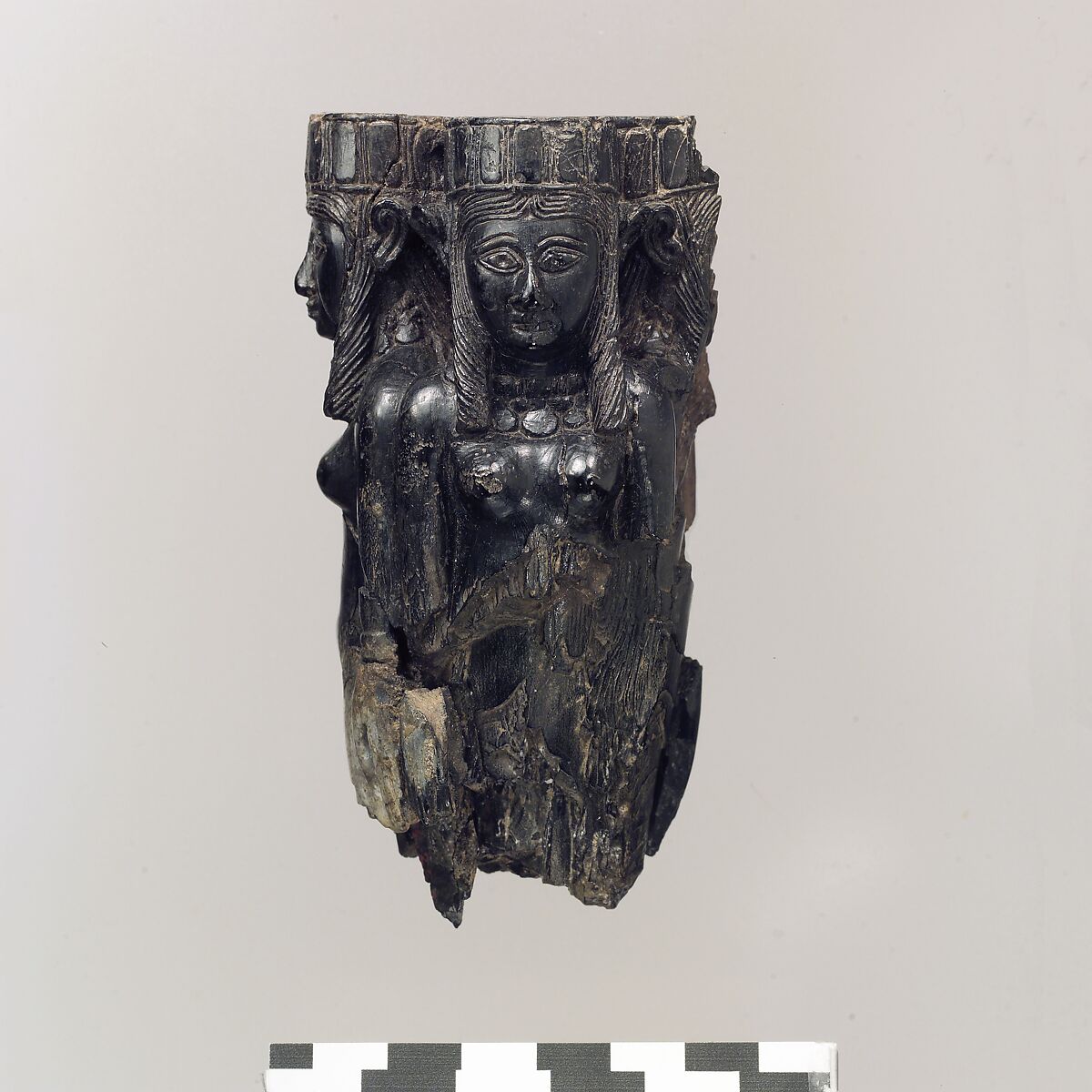 Fan or fly-whisk handle in the form of four female figures, Ivory, gold leaf, Assyrian