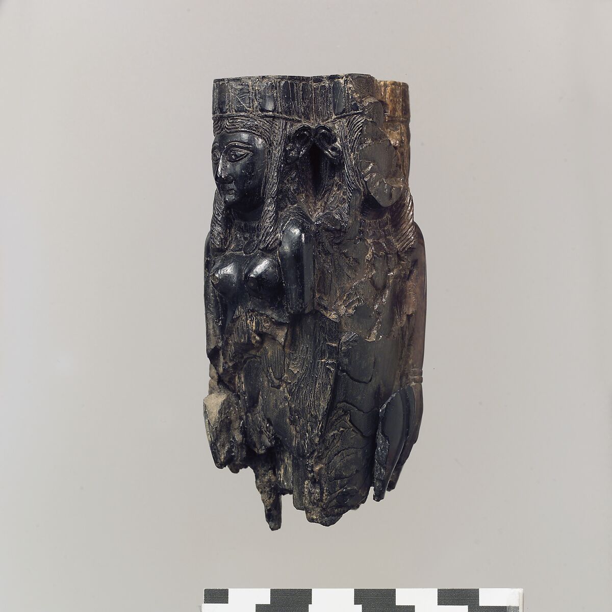 Fan or fly-whisk handle in the form of four female figures, Ivory, gold leaf, Assyrian