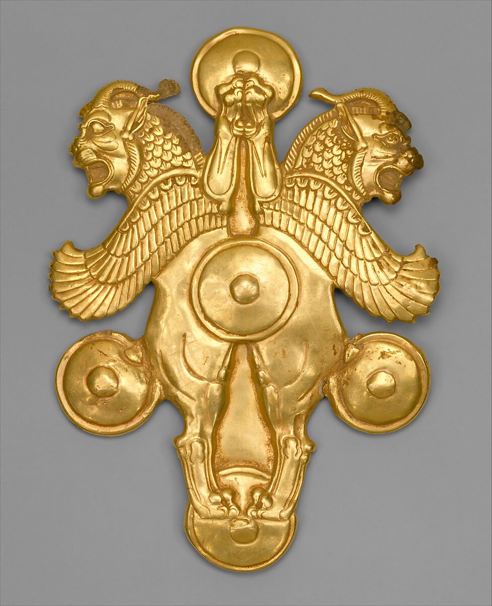 Plaque with horned lion-griffins, Gold, Achaemenid