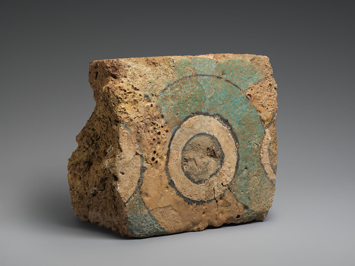 Brick fragment with a guilloche design, Ceramic, glaze, Assyrian