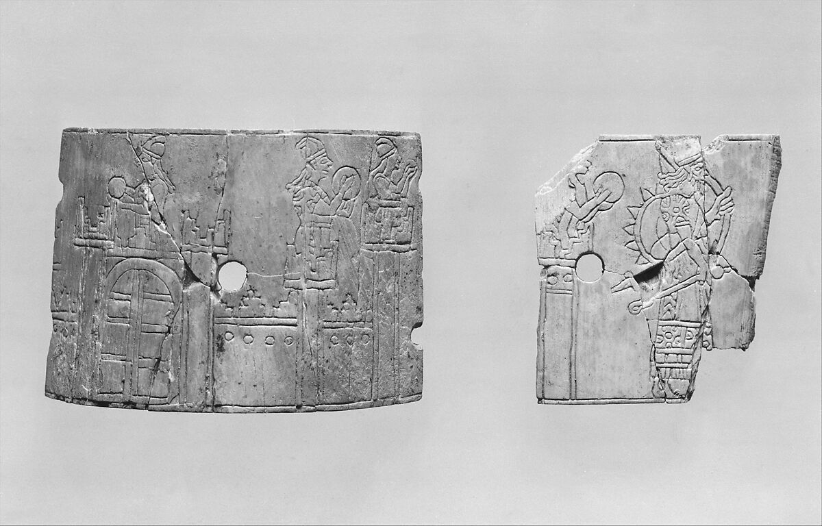 Incised cosmetic box fragments with a warrior and four women, Ivory, Assyrian