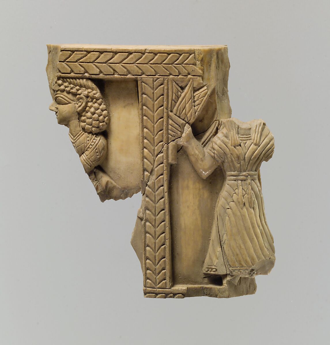 Cylindrical box fragment with female figures, Ivory, Assyrian 