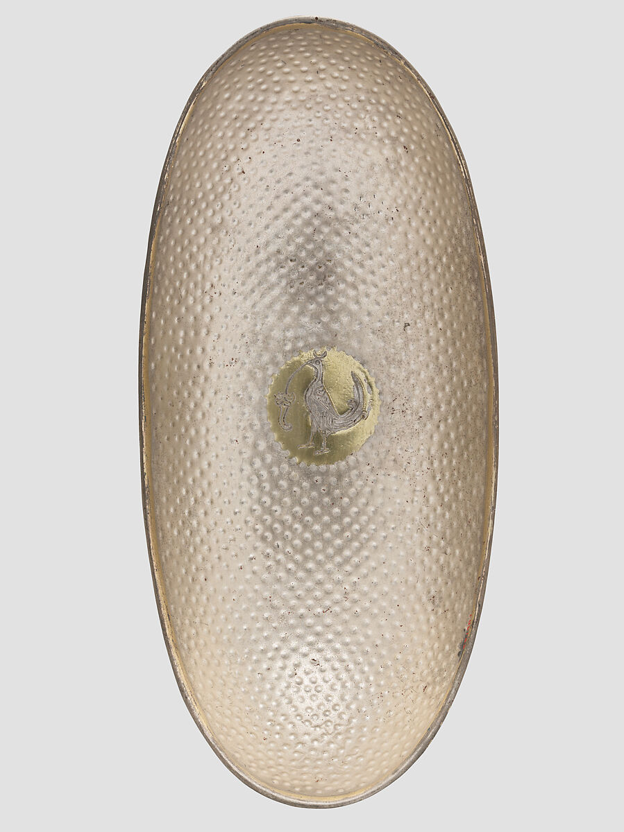 Oval bowl with grapevine scrolls inhabited by birds and animals, Silver, mercury gilding, Sasanian