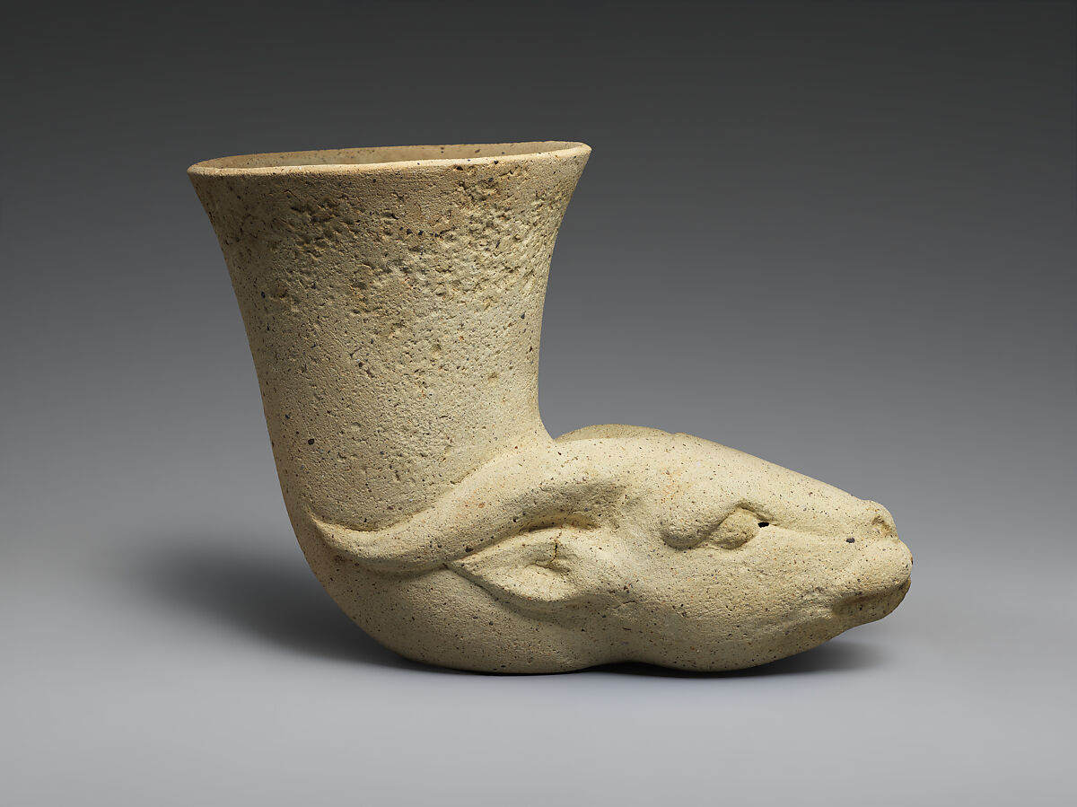 Vessel terminating in the head of an antelope, Ceramic, glaze, Iran