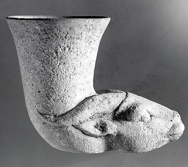 Vessel terminating in the head of an antelope, Ceramic, glaze, Iran 