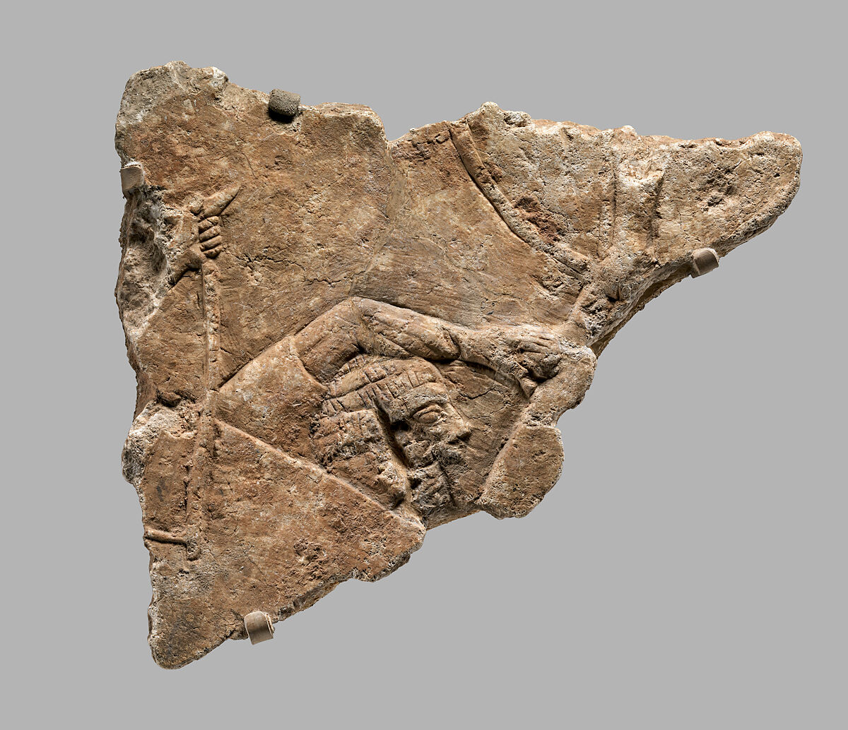 Relief: fragments of a siege scene, Gypsum alabaster, Assyrian 