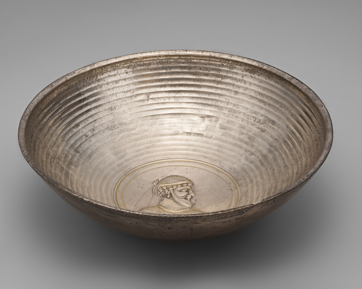 Bowl with a male bust within a medallion, Silver, Sasanian