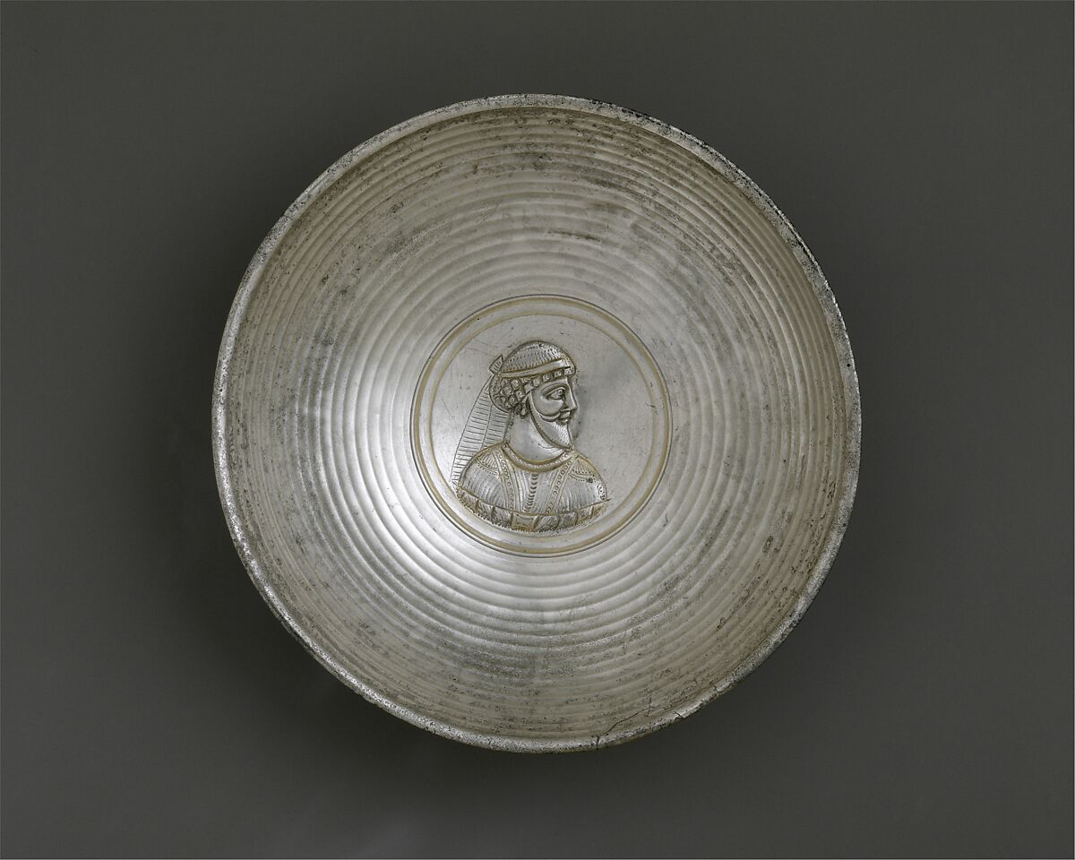 Bowl with a male bust within a medallion, Silver, Sasanian