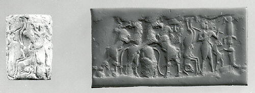 Cylinder seal and modern impression: bull-man, bearded hero, and lion contest frieze, Marble, Sumerian