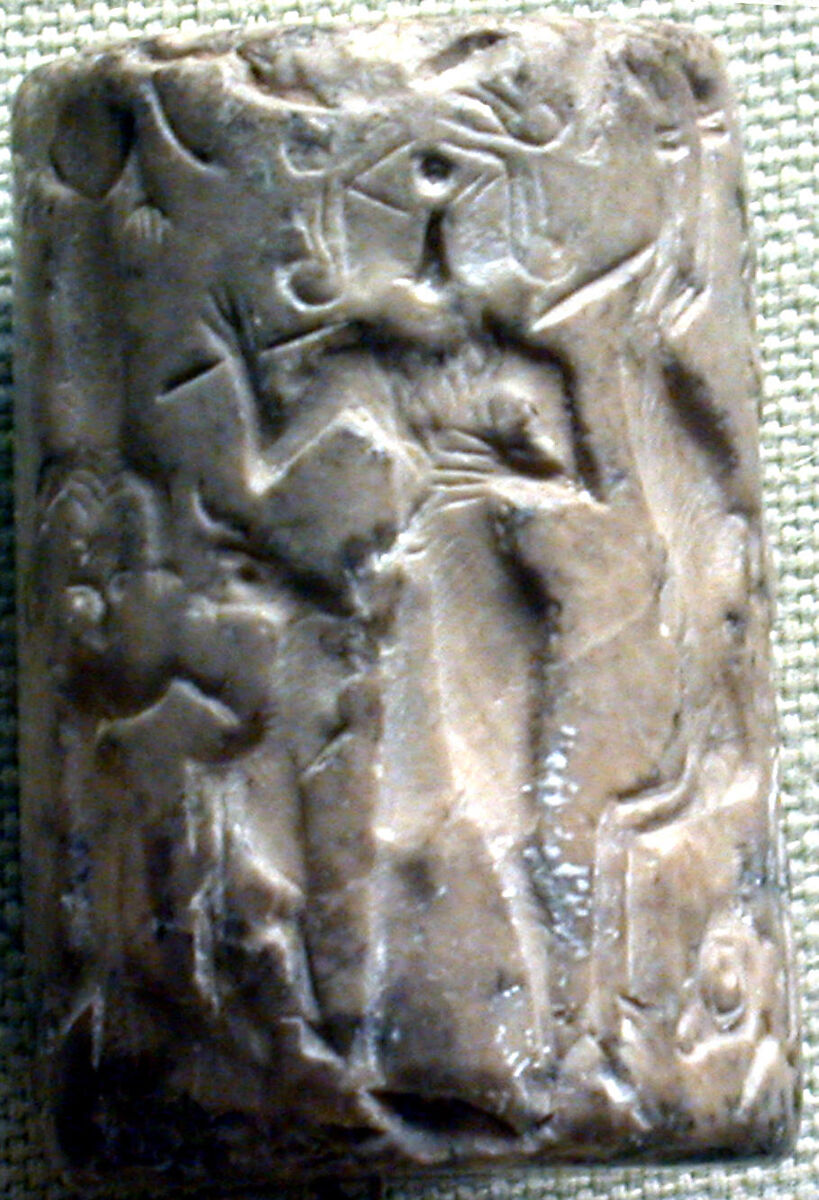 Cylinder seal and modern impression: bull-man, bearded hero, and lion contest frieze, Marble, Sumerian