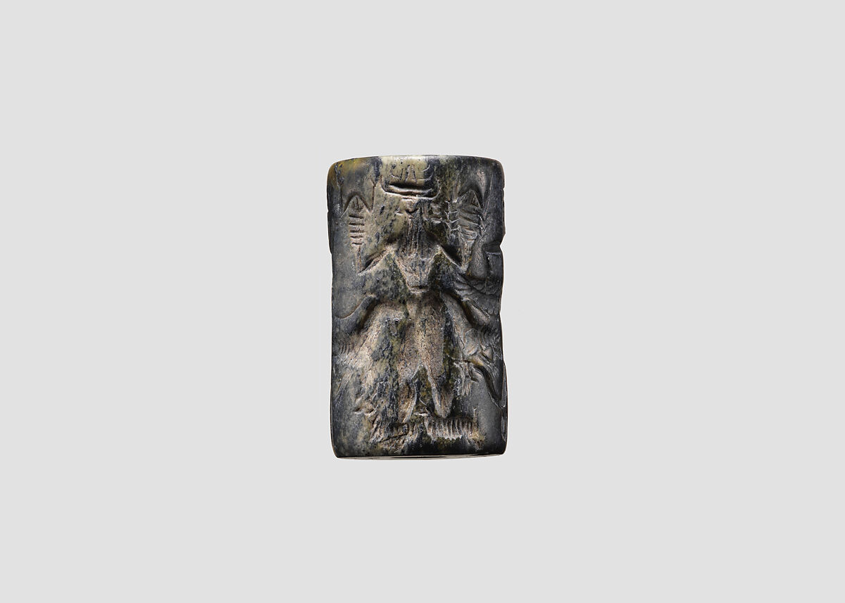 Cylinder seal and modern impression: snake god and deities with hands and feet in the form of snakes, scorpions, and goats, Metadiorite, Akkadian