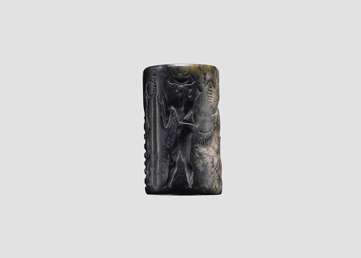 Cylinder seal and modern impression: snake god and deities with hands and feet in the form of snakes, scorpions, and goats, Metadiorite, Akkadian