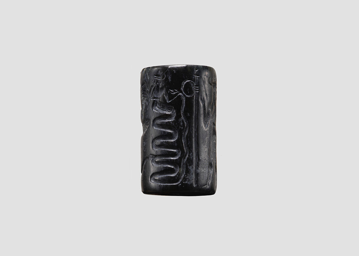 Cylinder seal and modern impression: snake god and deities with hands and feet in the form of snakes, scorpions, and goats, Metadiorite, Akkadian