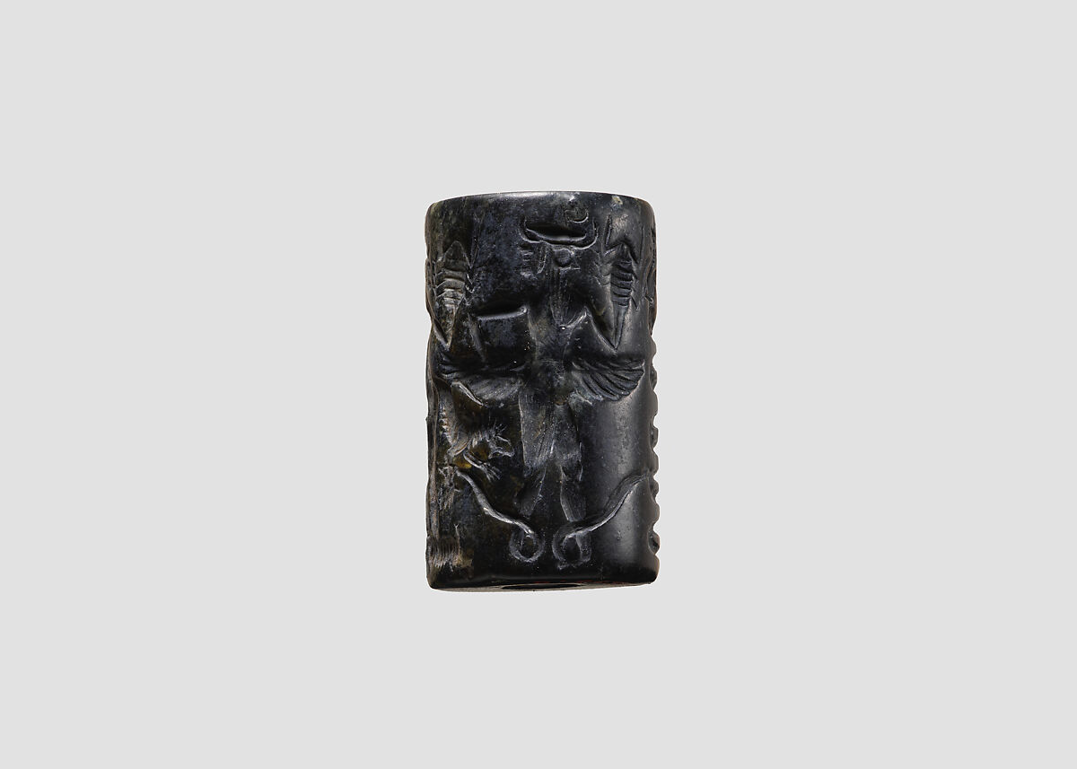 Cylinder seal and modern impression: snake god and deities with hands and feet in the form of snakes, scorpions, and goats, Metadiorite, Akkadian