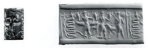 Cylinder seal and modern impression: snake god and deities with hands and feet in the form of snakes, scorpions, and goats, Metadiorite, Akkadian