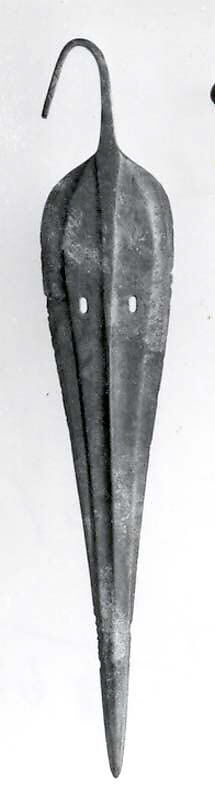 Spearhead with bent tang and slotted blade, Copper alloy, Hattian 