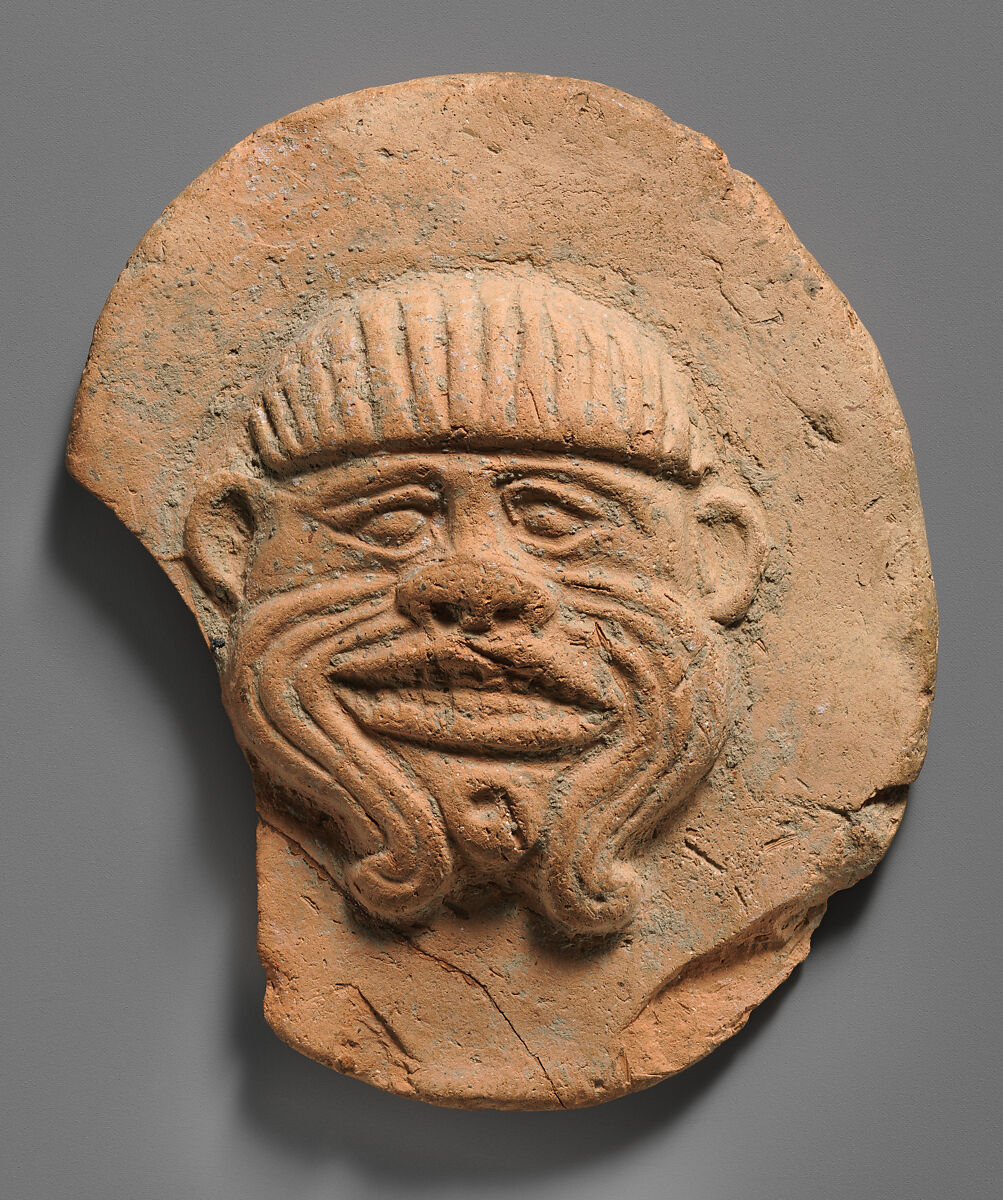 Plaque with face of the demon Humbaba, Ceramic, Babylonian 