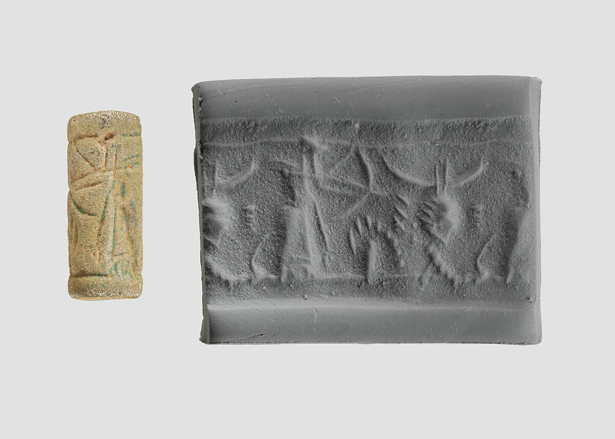 Cylinder seal with hunting scene, Faience, Assyrian 