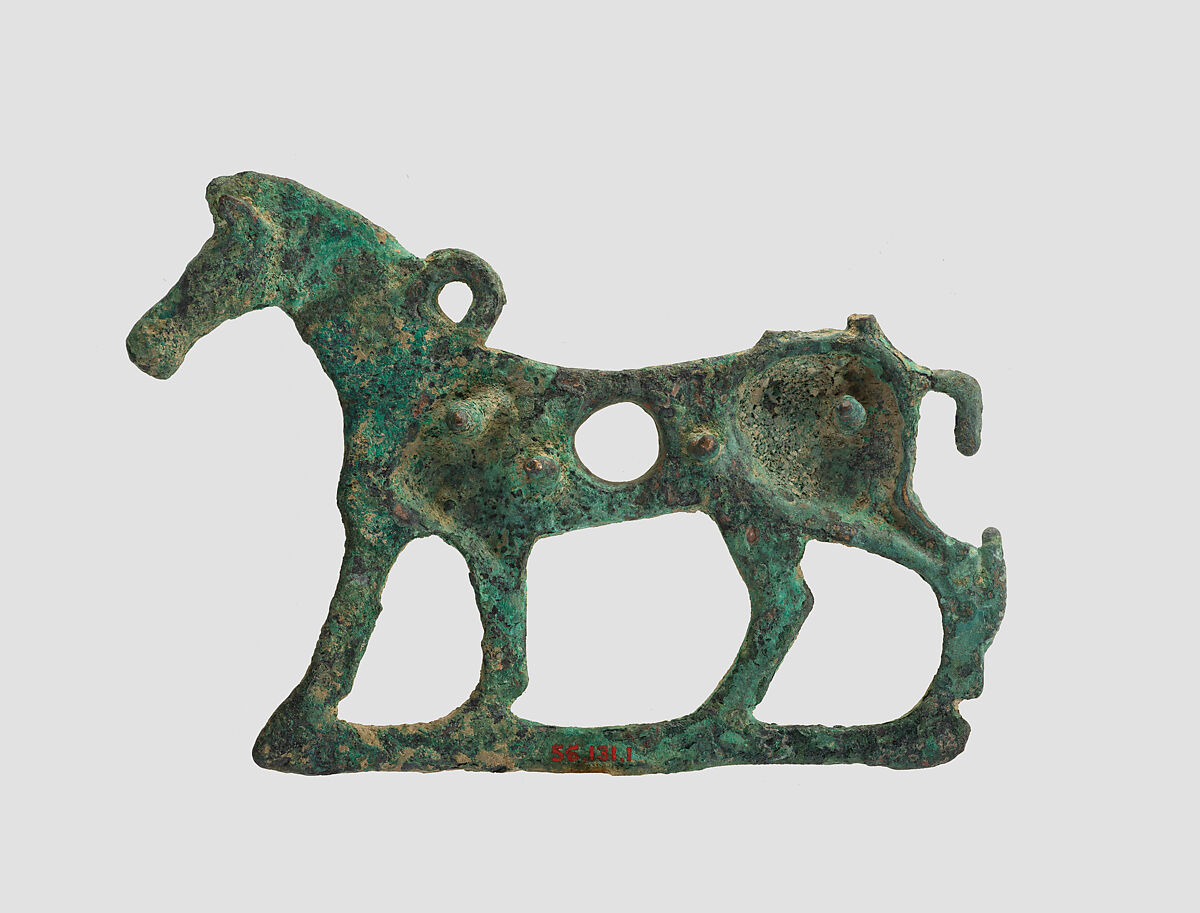 Horse bit cheekpiece in form of a striding horse, Bronze, Iran