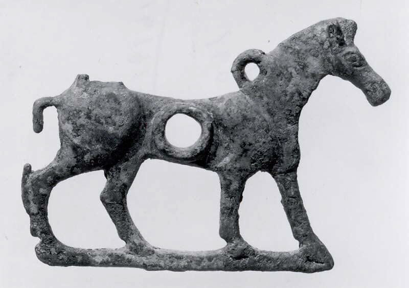 Horse bit cheekpiece in form of a striding horse, Bronze, Iran 