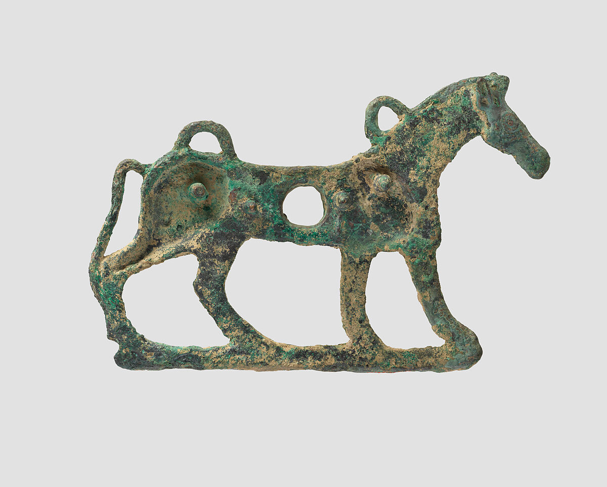 Horse bit cheekpiece in form of a striding horse, Bronze, Iran
