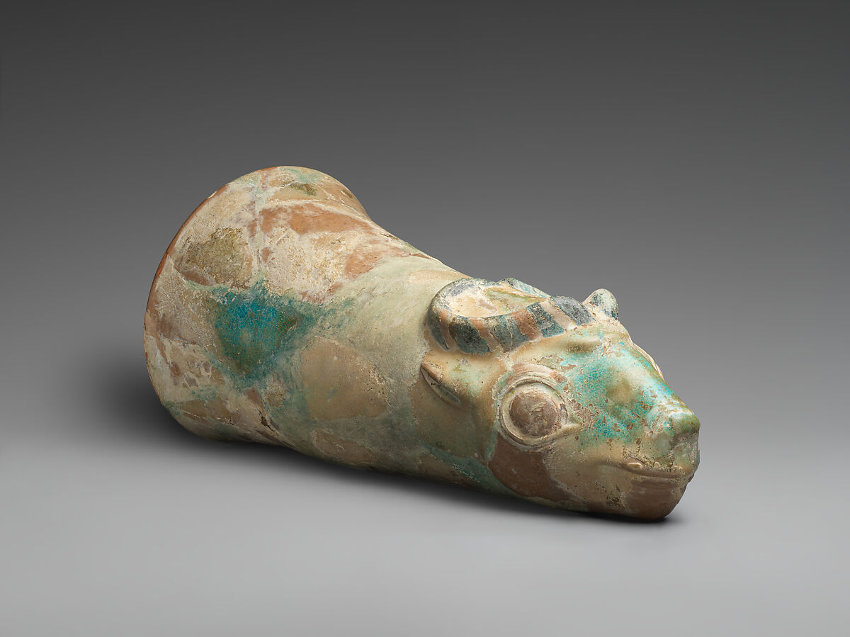 Vessel terminating in the head of an antelope, Glazed ceramic, Iran 