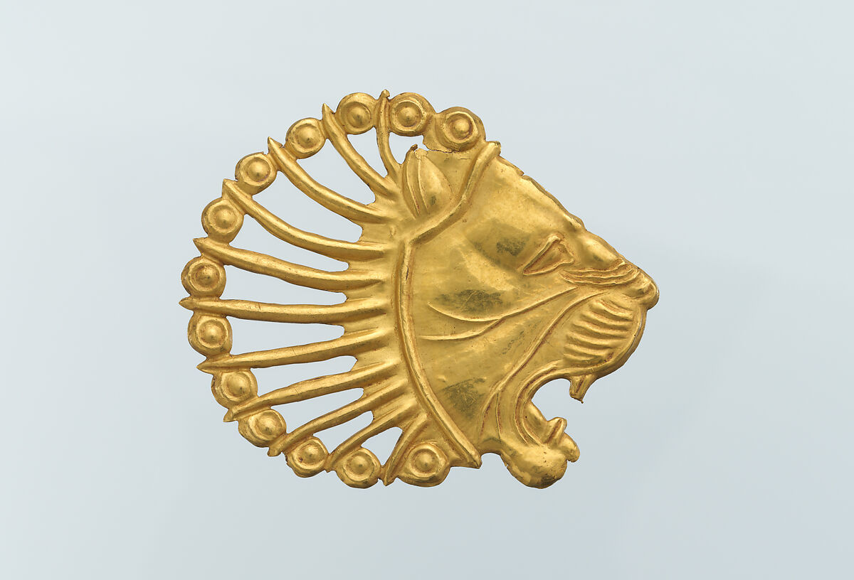 Applique in the shape of a lion's head, Gold, Achaemenid