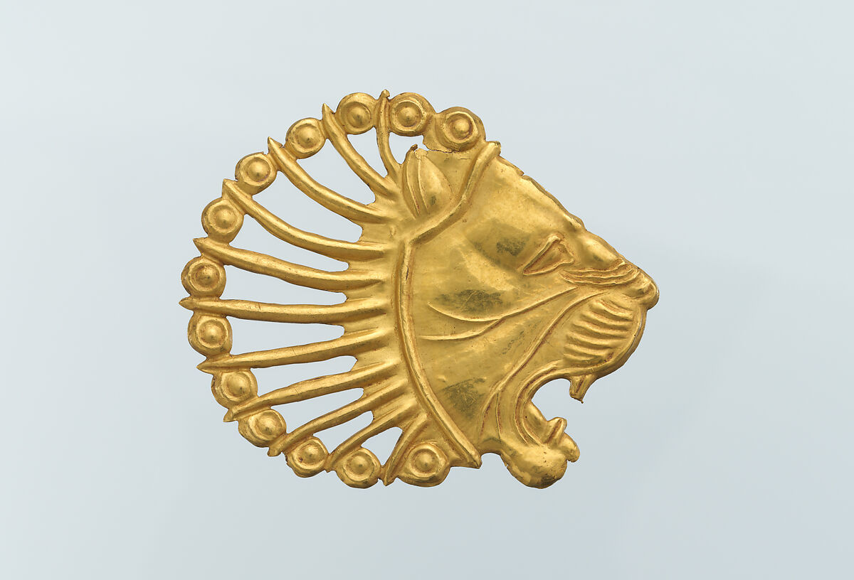 Applique in the shape of a lion's head, Gold, Achaemenid 