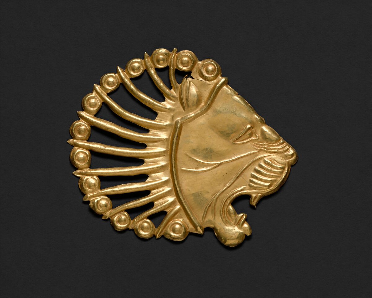 Applique in the shape of a lion's head, Gold, Achaemenid