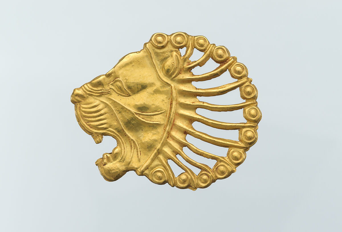 Applique in the shape of a lion's head, Gold, Achaemenid 