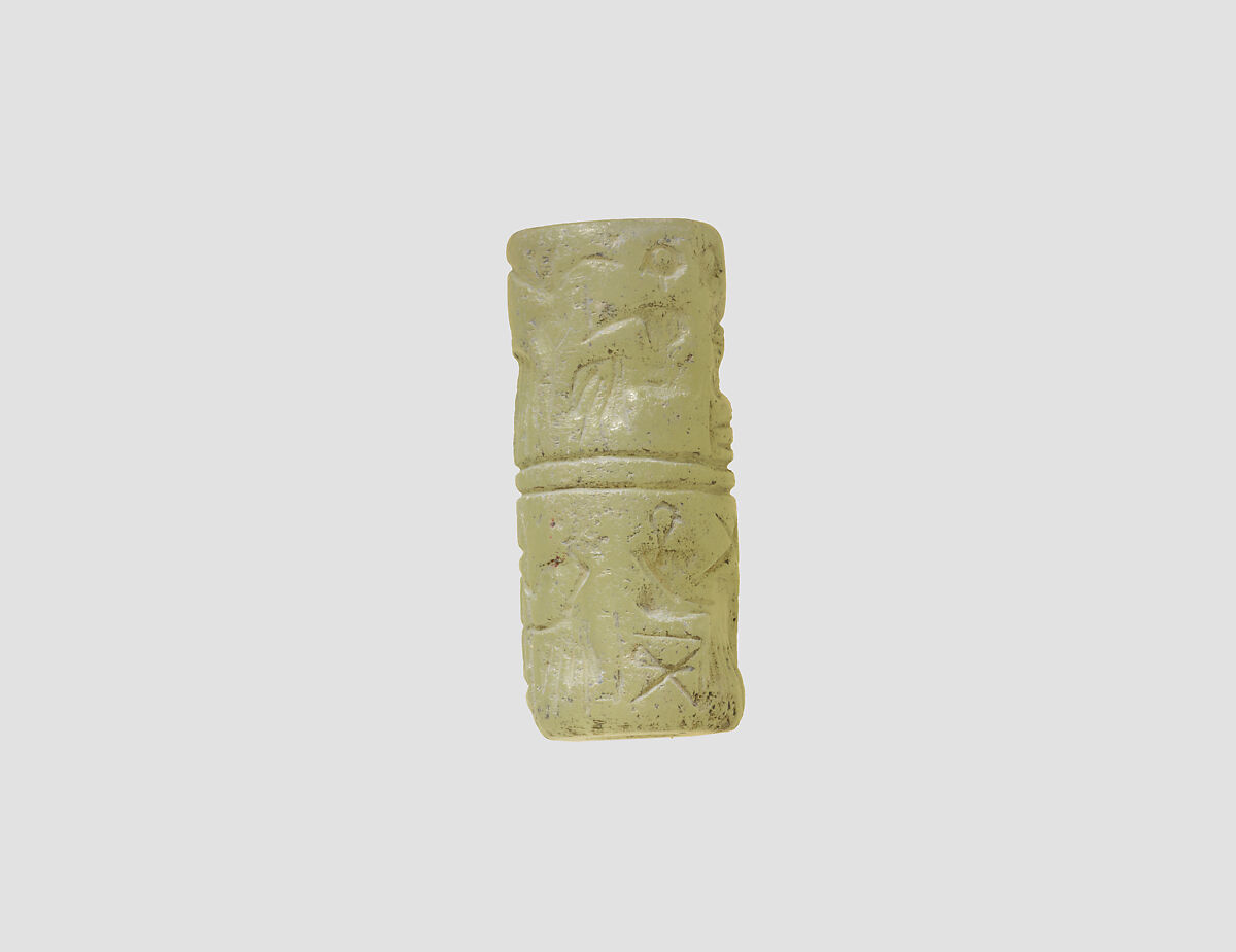 Cylinder seal and modern impression: banquet scene with seated figures drinking a liquid through straws, Gypsum alabaster, Sumerian