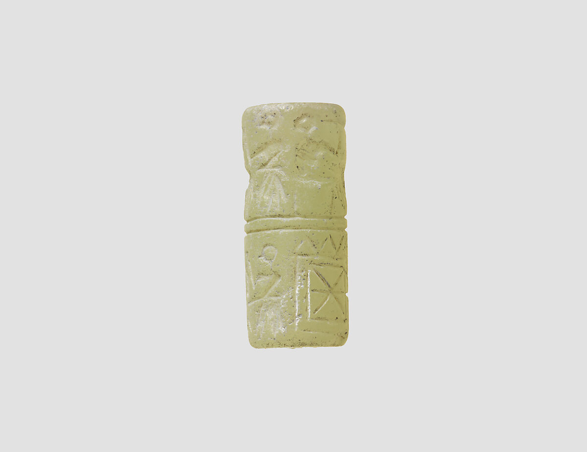 Cylinder seal and modern impression: banquet scene with seated figures drinking a liquid through straws, Gypsum alabaster, Sumerian