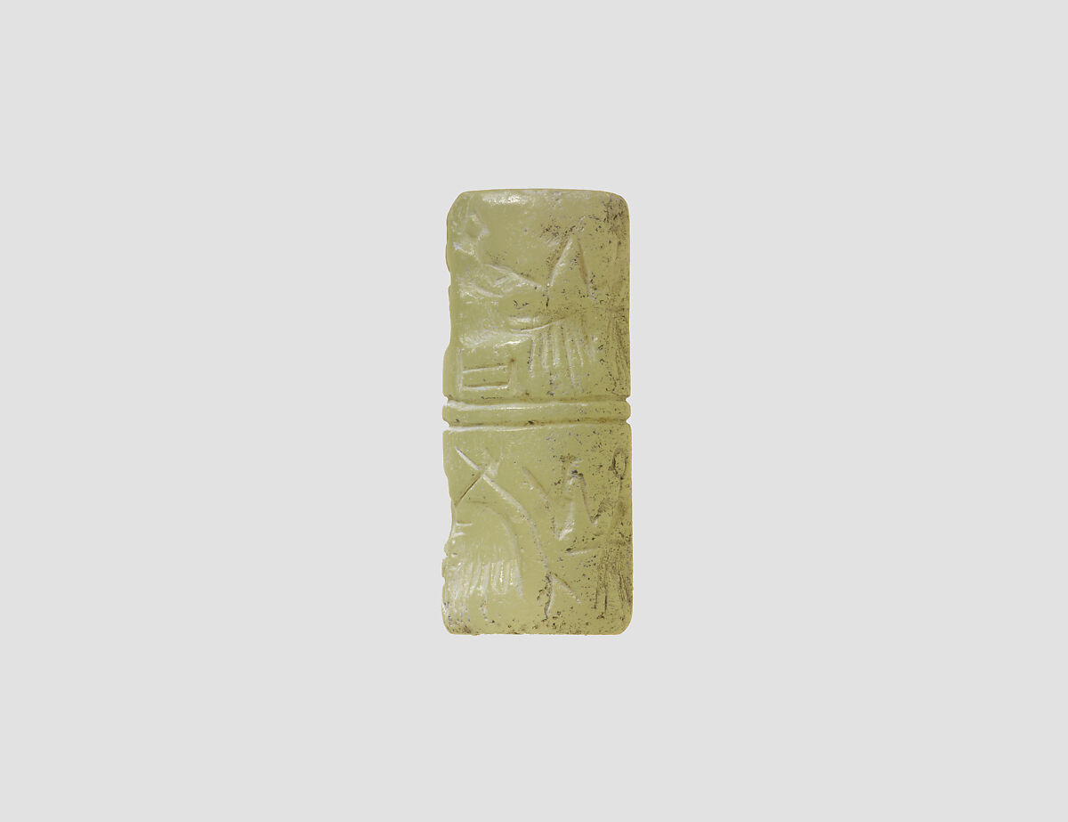 Cylinder seal and modern impression: banquet scene with seated figures drinking a liquid through straws, Gypsum alabaster, Sumerian