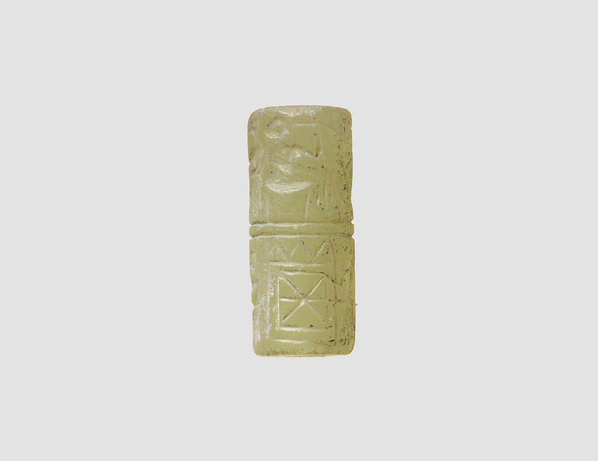 Cylinder seal and modern impression: banquet scene with seated figures drinking a liquid through straws, Gypsum alabaster, Sumerian