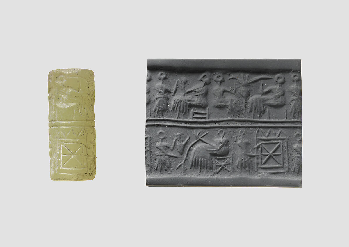 Cylinder seal and modern impression: banquet scene with seated figures drinking a liquid through straws, Gypsum alabaster, Sumerian