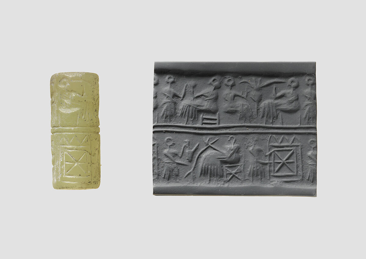 Cylinder seal and modern impression: banquet scene with seated figures drinking a liquid through straws, Gypsum alabaster, Sumerian 