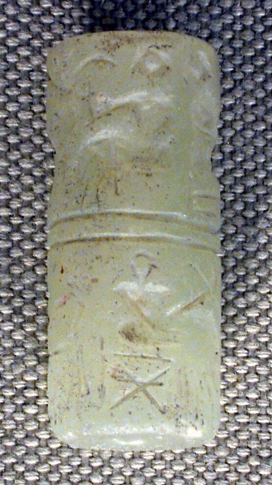 Cylinder seal and modern impression: banquet scene with seated figures drinking a liquid through straws, Gypsum alabaster, Sumerian