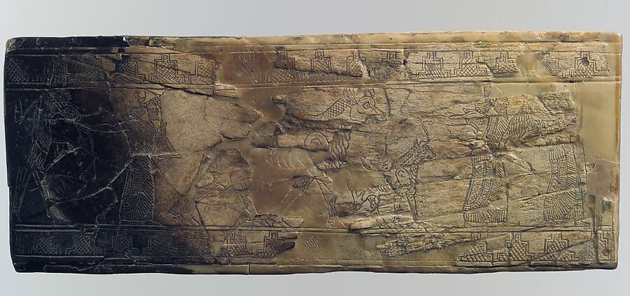 Plaque with robed priests leading animals, Ivory, Assyrian 