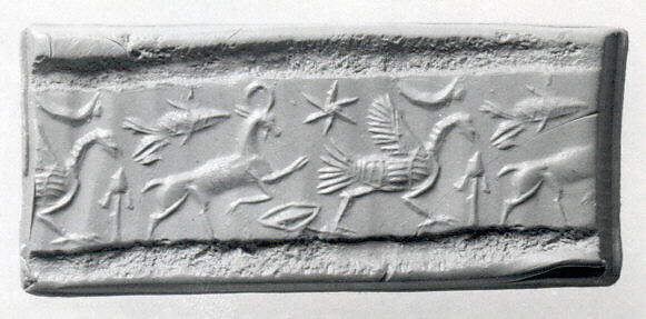 Cylinder seal (with caps preserved) with animals and divine symbols, Black Steatite, copper/bronze caps, Assyrian 