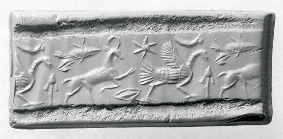 Cylinder seal (with caps preserved) with animals and divine symbols

