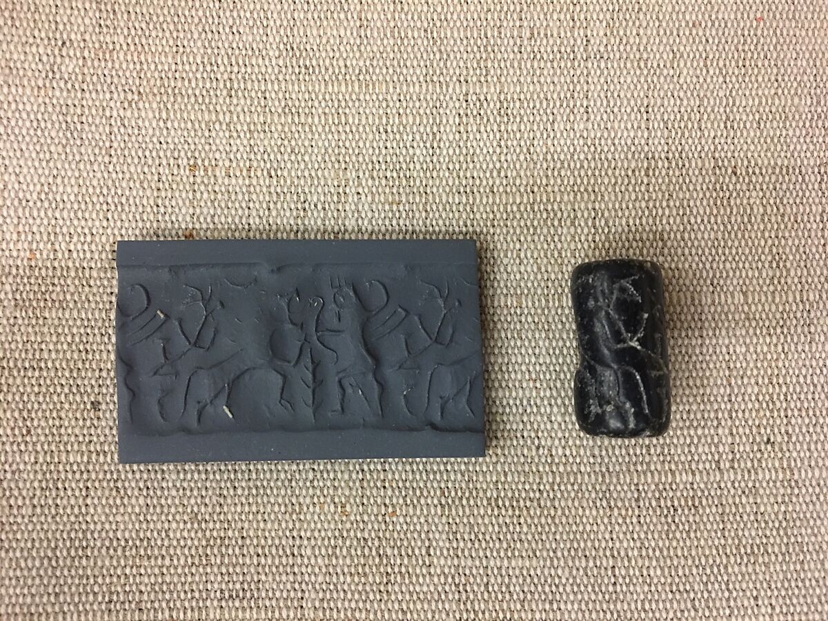 Cylinder seal with hunting scene, Black Steatite, Assyrian(?)