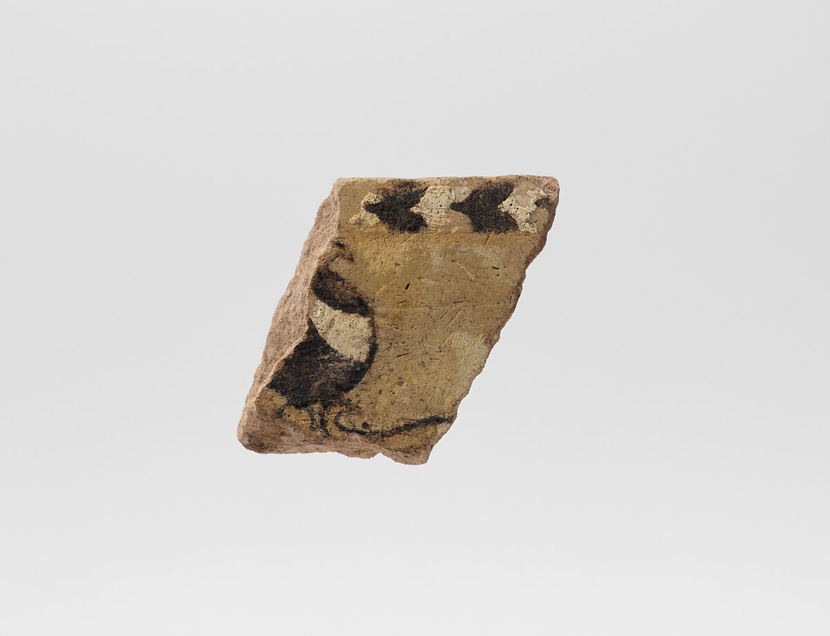 Vessel sherd with pomegranate and geometric decoration, Glazed ceramic, Assyrian 