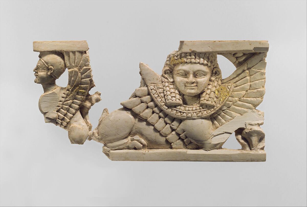 Openwork furniture plaque with two sphinxes, Ivory, gold foil, Assyrian 