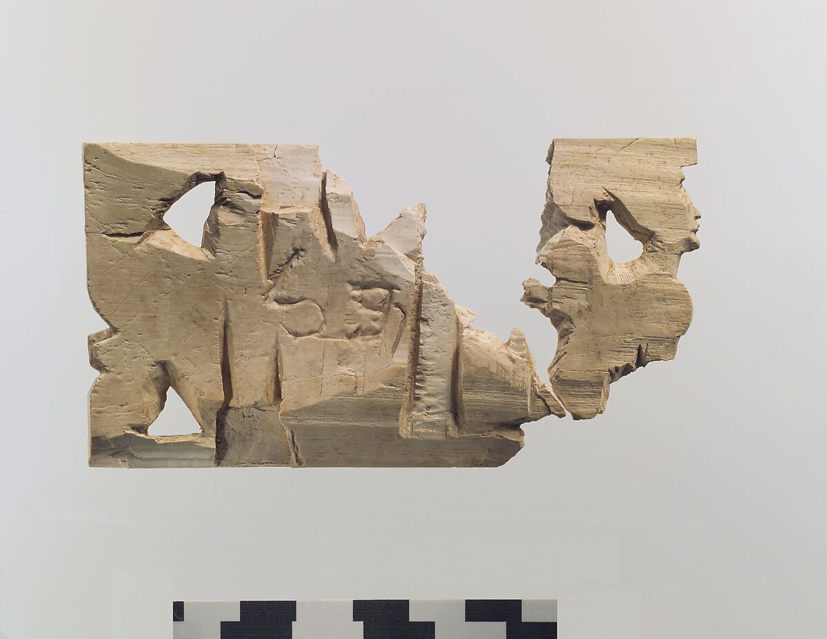 Openwork furniture plaque with two sphinxes, Ivory, gold foil, Assyrian