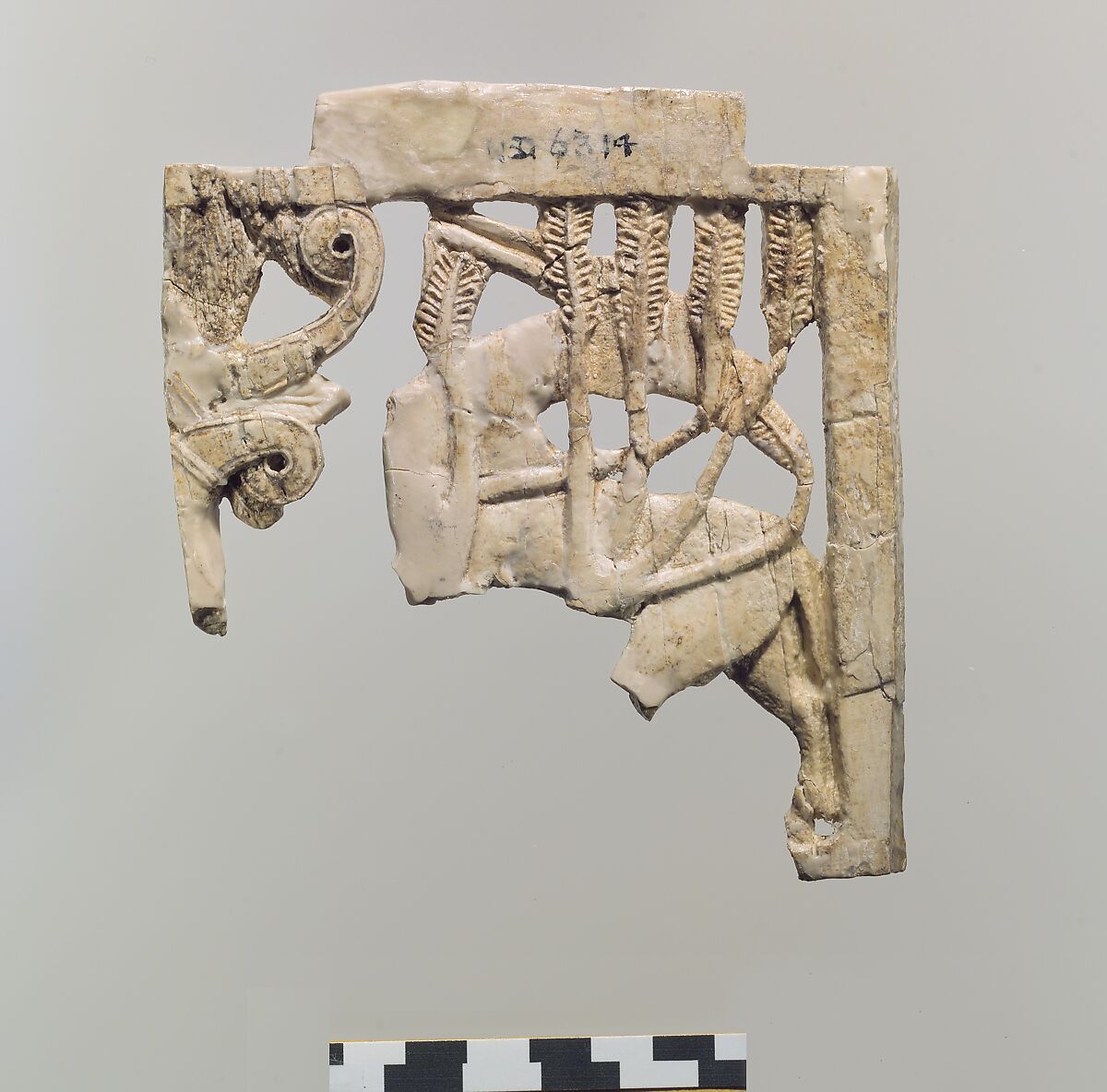 Openwork furniture plaque with a grazing oryx in a forest of fronds, Ivory, Assyrian