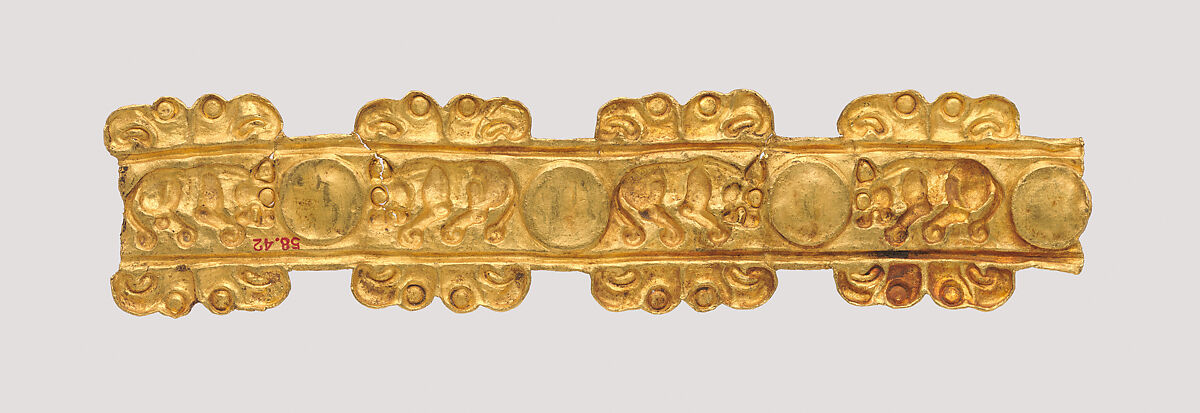 Section of a band with felines and heads of birds, Gold, glass paste, Iran