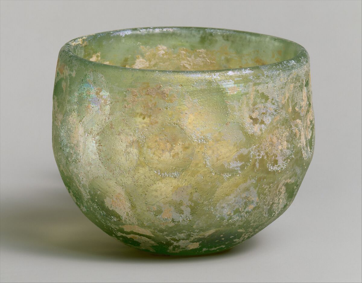 Bowl with wheel-cut facets, Glass; yellow-green, Sasanian 