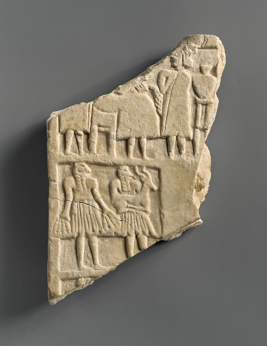 Plaque with a banquet scene, Gypsum alabaster, Sumerian 